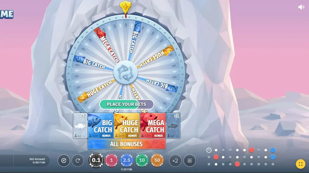 Fishing Time slot machine interface na may Nordic theme at wheel