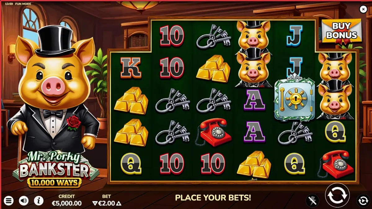 Isang larawan ng Mr. Porky Bankster slot game na nagpapakita ng mga simbolo ng kayamanan at ang karakter na baboy sa isang marangyang opisina.