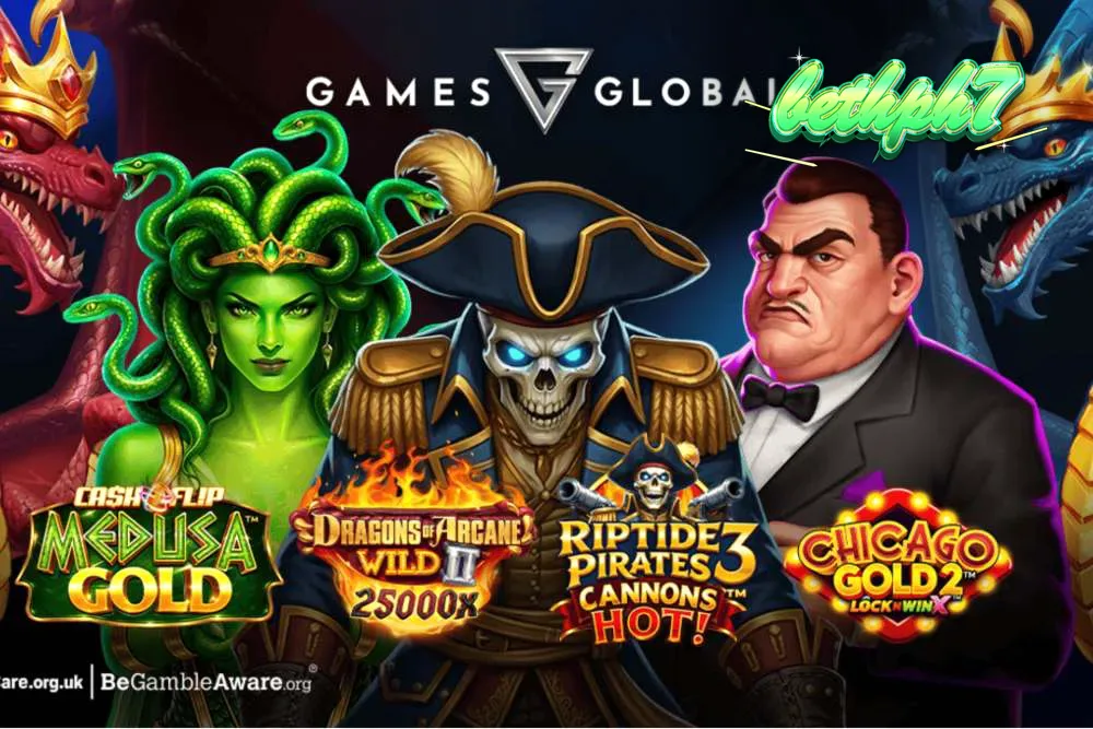 Isang collage ng mga bagong slot games mula sa Games Global na nagpapakita ng mga pirata, mitolohiya, at mga dragon.